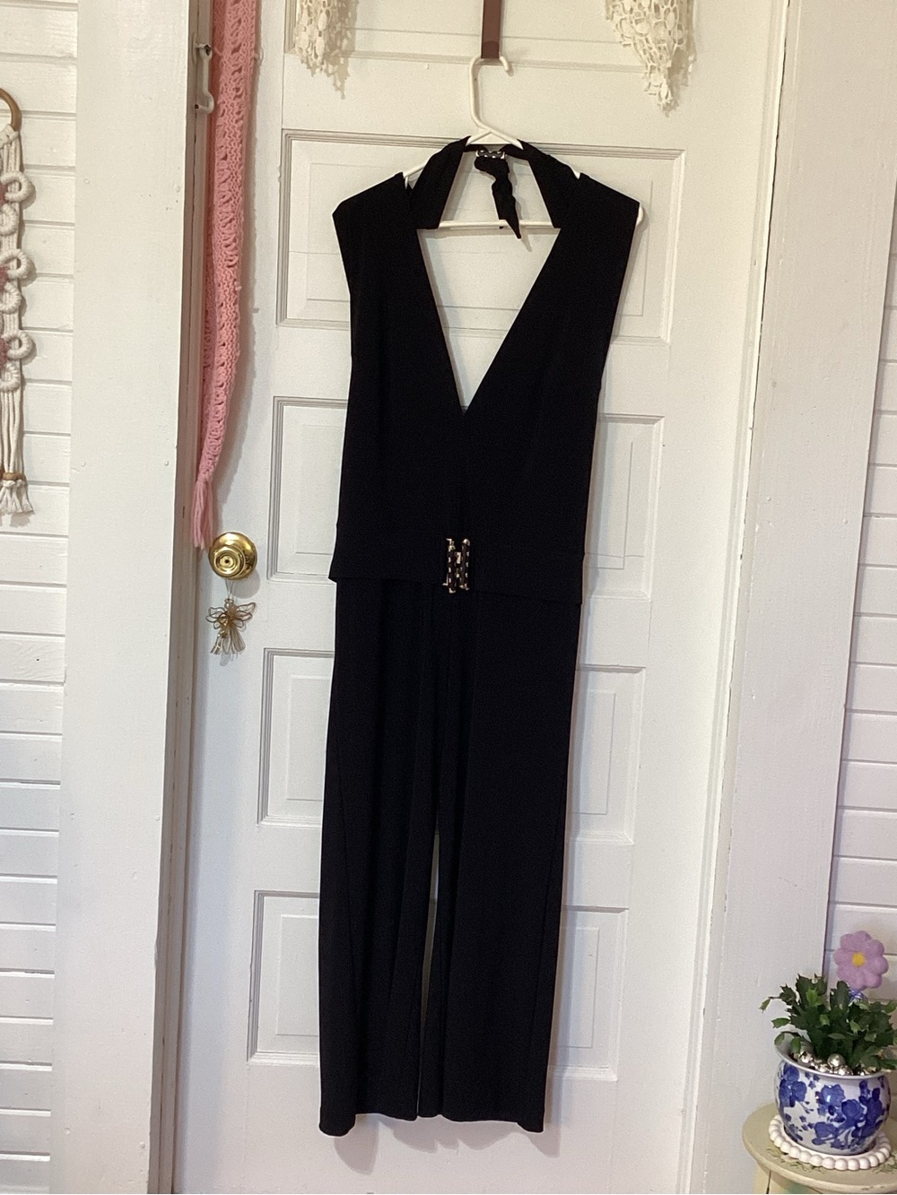 Cache Black Halter V-Neck Jumpsuit with Gold Clasp